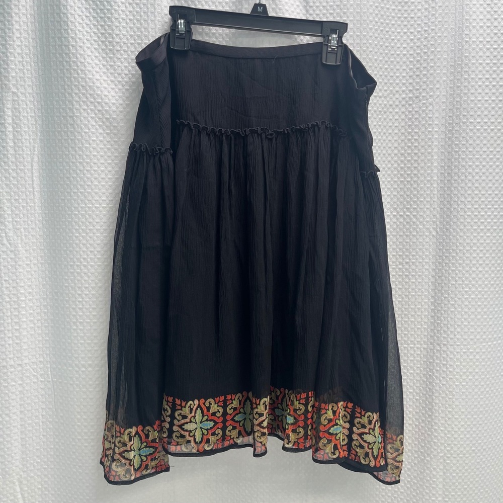 Tommy Bahama Womens 14 Silk Tiered Ruffle Embroidered Border Midi Skirt Black